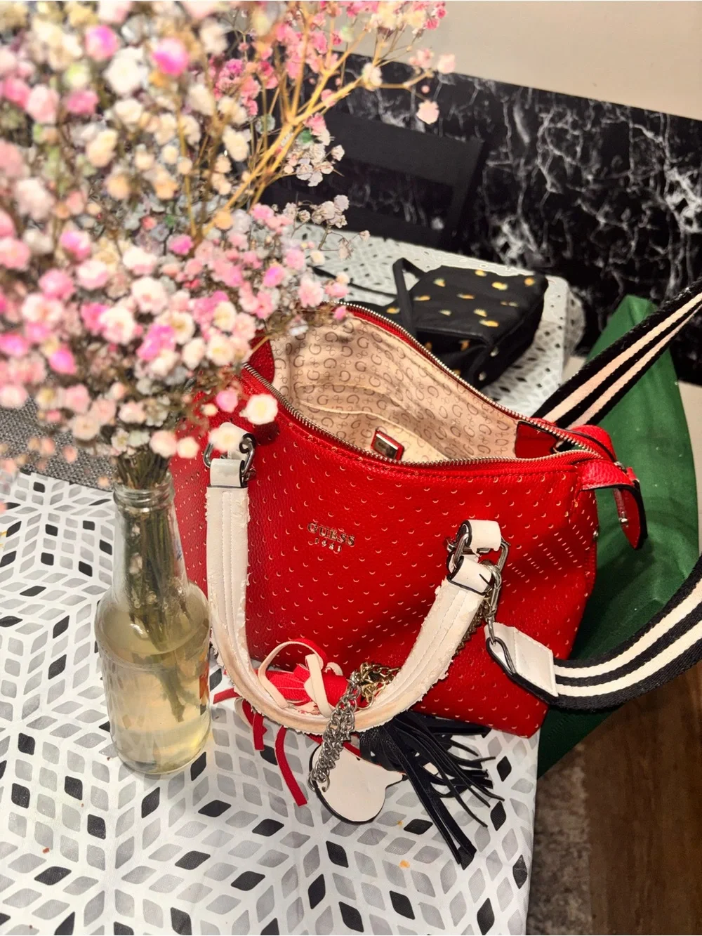 Guess Red Shoulder Bag with White Handles and Striped Strap